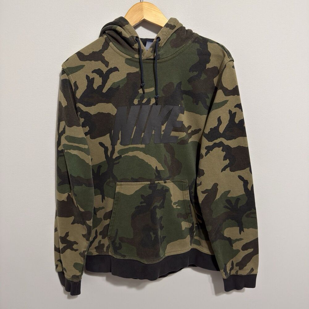 Nike Hoodie Mens L Green Camo Pullover Graphic Woodland Military Spellout Logo